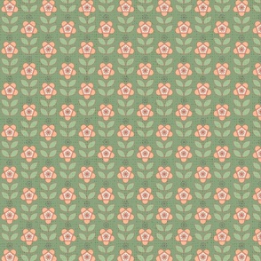 Medium Retro Floral with Pantone Peach Fuzz on Green Ground with Faux Texture