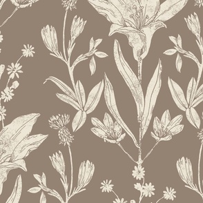 Prairie Lily Block Print Inspired in Cream on Morel // Large Scale