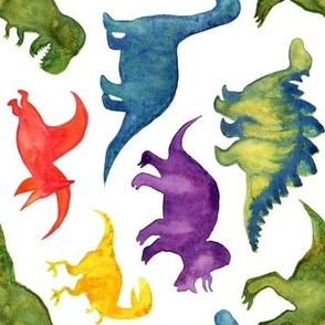 Rainbow Watercolor Dinosaurs Rotated- Medium, White