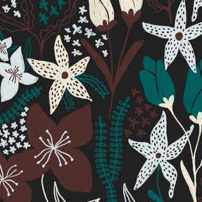 Nocturne Garden LARGE - Deep Green & Brown Floral Wallpaper