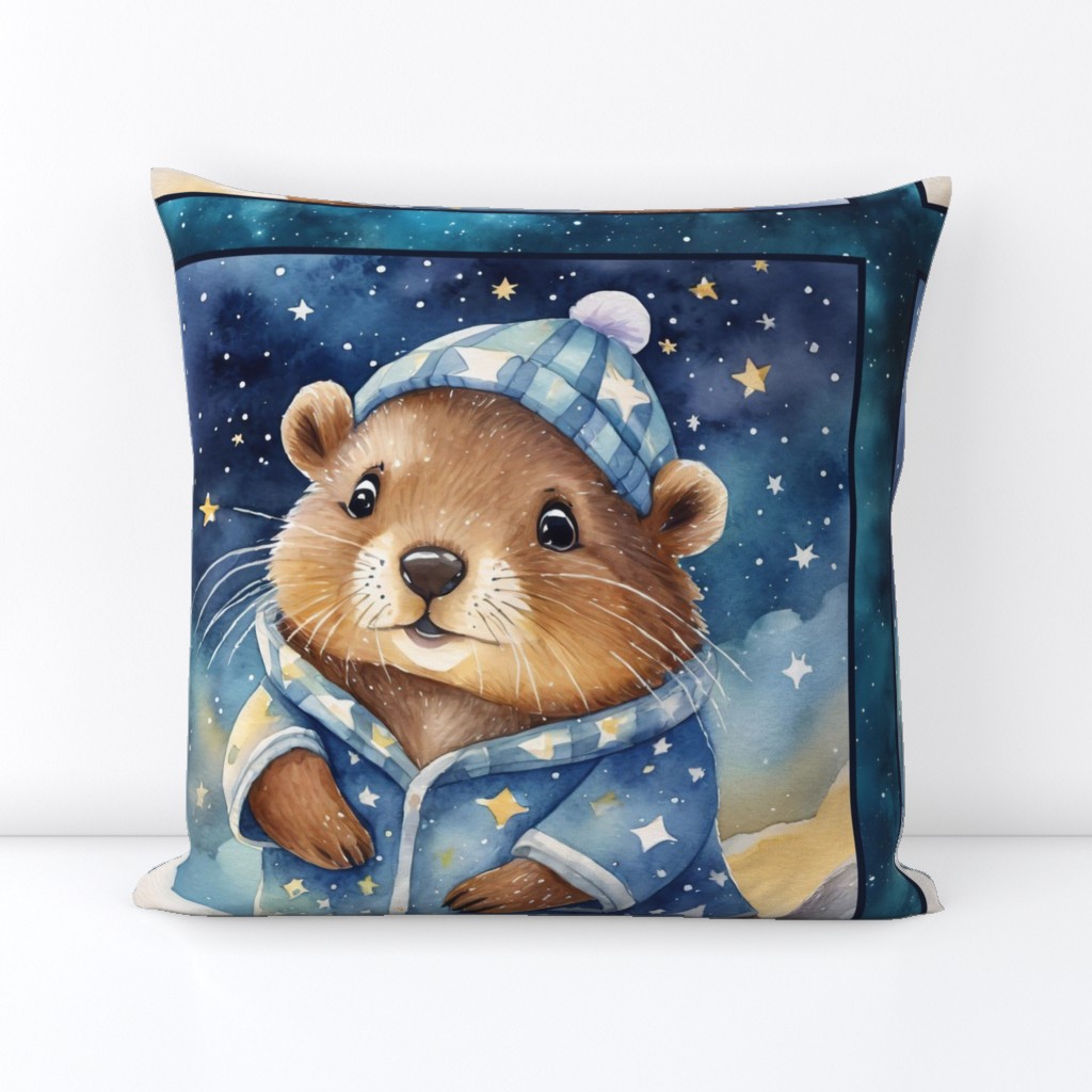 PANEL 2 CUTE BABIES BEAVERS PYJAMAS STARRY NIGHT CHECKERBOARD FLWRHT