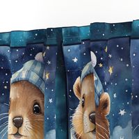 PANEL 2 CUTE BABIES BEAVERS PYJAMAS STARRY NIGHT CHECKERBOARD FLWRHT