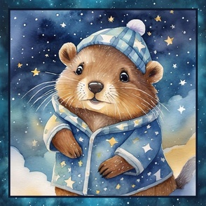 PANEL 2 CUTE BABIES BEAVERS PYJAMAS STARRY NIGHT CHECKERBOARD FLWRHT