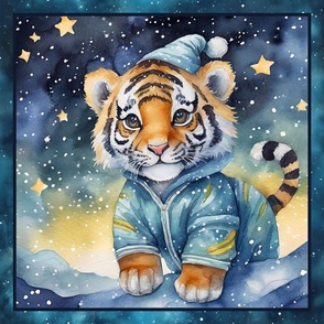 PANEL 1 CUTE BABIES TIGERS PYJAMAS STARRY NIGHT CHECKERBOARD FLWRHT