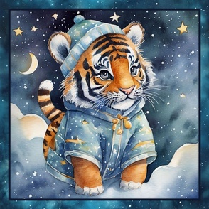 PANEL 2 CUTE BABIES TIGERS PYJAMAS STARRY NIGHT CHECKERBOARD FLWRHT