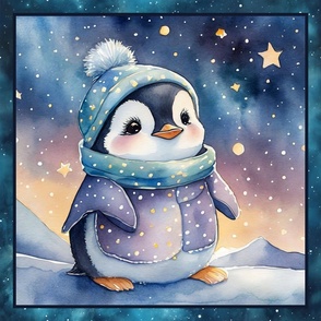 PANEL 1 CUTE BABIES PENGUINS PYJAMAS STARRY NIGHT CHECKERBOARD FLWRHT