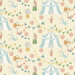 Vintage Inspired Circus Animals on Yellow Striped Background.