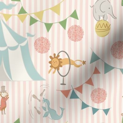 Vintage Inspired Circus Animals on Pink Striped Background.