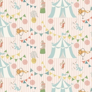 Vintage Inspired Circus Animals on Pink Striped Background.