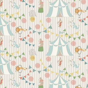 Vintage Inspired Circus Animals on Grey Striped Background.
