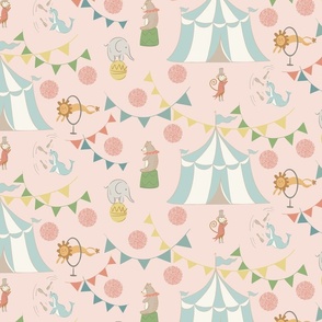 Vintage Inspired Circus Animals on a Pink Background.