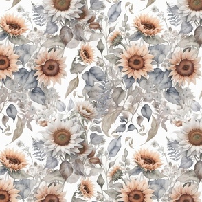 Dreamy Sunflowers in Coral Peach, Beige, Soft Grey Tones Medium Scale