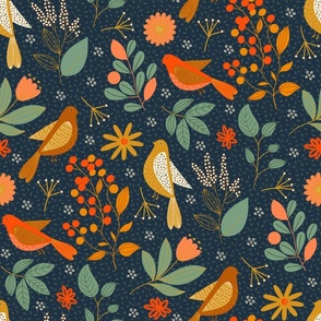  Vibrant Orange and Blue Flower Motifs on a Light Blue Background