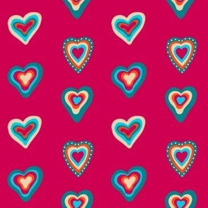 Vibrant Love: Colorful Heart Motifs on Rich Red Background