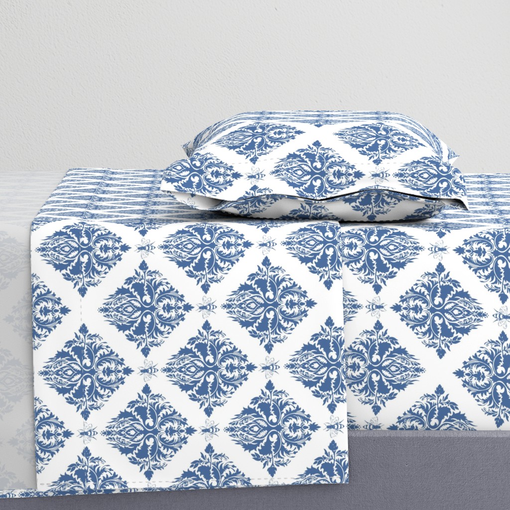 danish blue scrolls with bees on white 