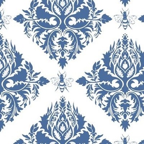 danish blue scrolls with bees on white 