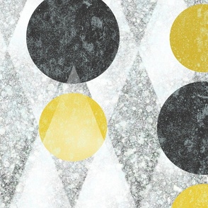 Dancing Harlequin Dots -- Black Yellow Silver and White -- Harlequin Diamond Dots in Gold and Black over Silver Faux Glitter -- Black and Gold Harlequin Coordinate -- 33.96in x 28.25in -- 150dpi (Full Scale)
