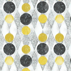 Dancing Harlequin Dots -- Black Yellow Silver and White -- Harlequin Diamond Dots in Gold and Black over Silver Faux Glitter -- Black and Gold Harlequin Coordinate -- 12.74in x 10.60in -- 400dpi (38% of Full Scale)