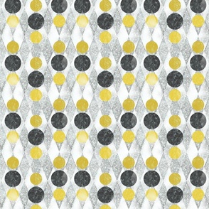 Dancing Harlequin Dots -- Black Yellow Silver and White -- Harlequin Diamond Dots in Gold and Black over Silver Faux Glitter -- Black and Gold Harlequin Coordinate -- 5.99in x 4.99in -- 850dpi (18% of Full Scale)