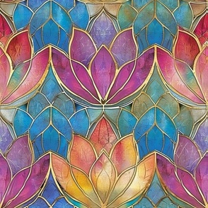 Colorful Water Pink Blue Yellow Rainbow Lily / Lotus Art Nouveau Deco Stained Glass Floral Flowers