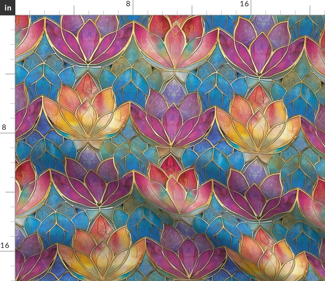 Colorful Water Pink Blue Yellow Rainbow Lily / Lotus Art Nouveau Deco Stained Glass Floral Flowers