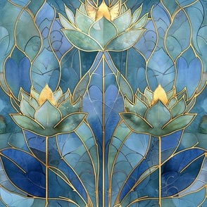 Cream Green and Blue Water Lily / Lotus Art Nouveau Deco Floral Flowers