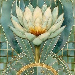 Cream Green and Gold Water Lily / Lotus Art Nouveau Deco Floral Flowers