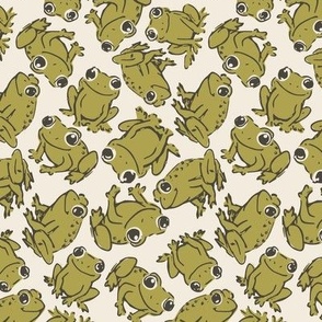 Frog Frolic :: Happy little green frogs, hand-drawn and scattered on a white background