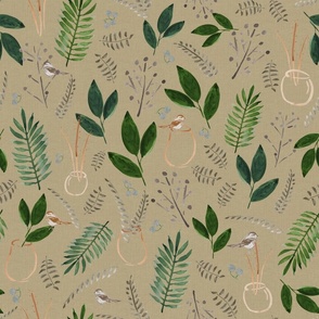 Beige and green foliage with birds - tropical leaves, lightly textured