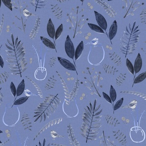 Serene blue botanical foliage with birds - painted leaves in calm monotone blue