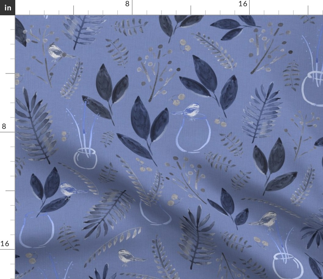 Serene blue botanical foliage with birds - painted leaves in calm monotone blue