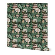 Tiny Frogs, mushrooms and lily flowers with Pink, white and green on dark background