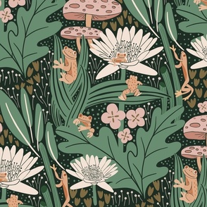 Tiny Frogs, mushrooms and lily flowers with Pink, white and green on dark background
