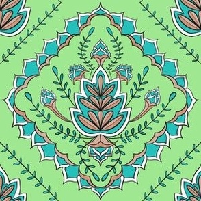 geometric filigree blue tan and white on green