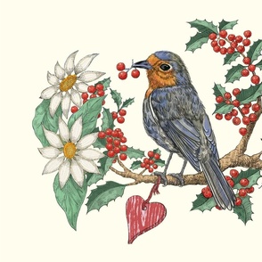 Robin (ink drawing) with berries and heart