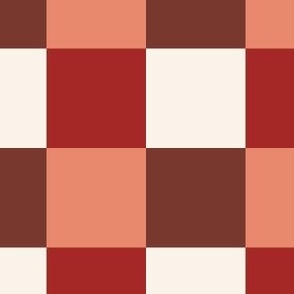 485 - Medium scale Checkerboard multicolour in chocolate brown,, peach blush, brick red and off white  - for bold vibrant modern  geometric wallpaper, tablecloths and duvet covers and sheets 
