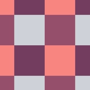 485 -  Medium scale Checkerboard multicolour in coral pink, grey and purple  for bold vibrant modern  geometric wallpaper, tablecloths and duvet covers and sheets 