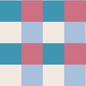 485 -  Medium  scale Checkerboard multicolour in turquoise, dusty rose pink, pale blue  and off white  - for bold vibrant modern  geometric wallpaper, tablecloths and duvet covers and sheets 