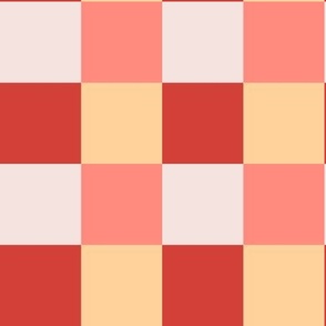 485 - Medium scale Checkerboard multicolour in coral , yellow, red and off white  - for bold vibrant modern  geometric wallpaper, tablecloths and duvet covers and sheets 