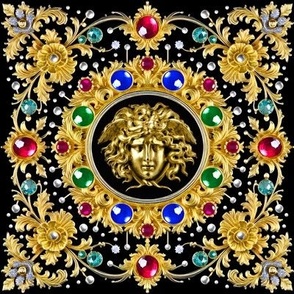 26 gold medusa baroque victorian black gold ornate floral flowers filigree gems jewels ruby sapphire emerald pearls aquamarine red blue green colorful frames primary colors gorgons Greek Greece mythology red carpet haute couture runway versac inspired    