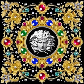 25 white marble medusa gold baroque victorian black gold ornate floral flowers filigree gems jewels ruby sapphire emerald pearls aquamarine red blue green colorful frames gorgons Greek Greece mythology red carpet haute couture runway versac inspired  