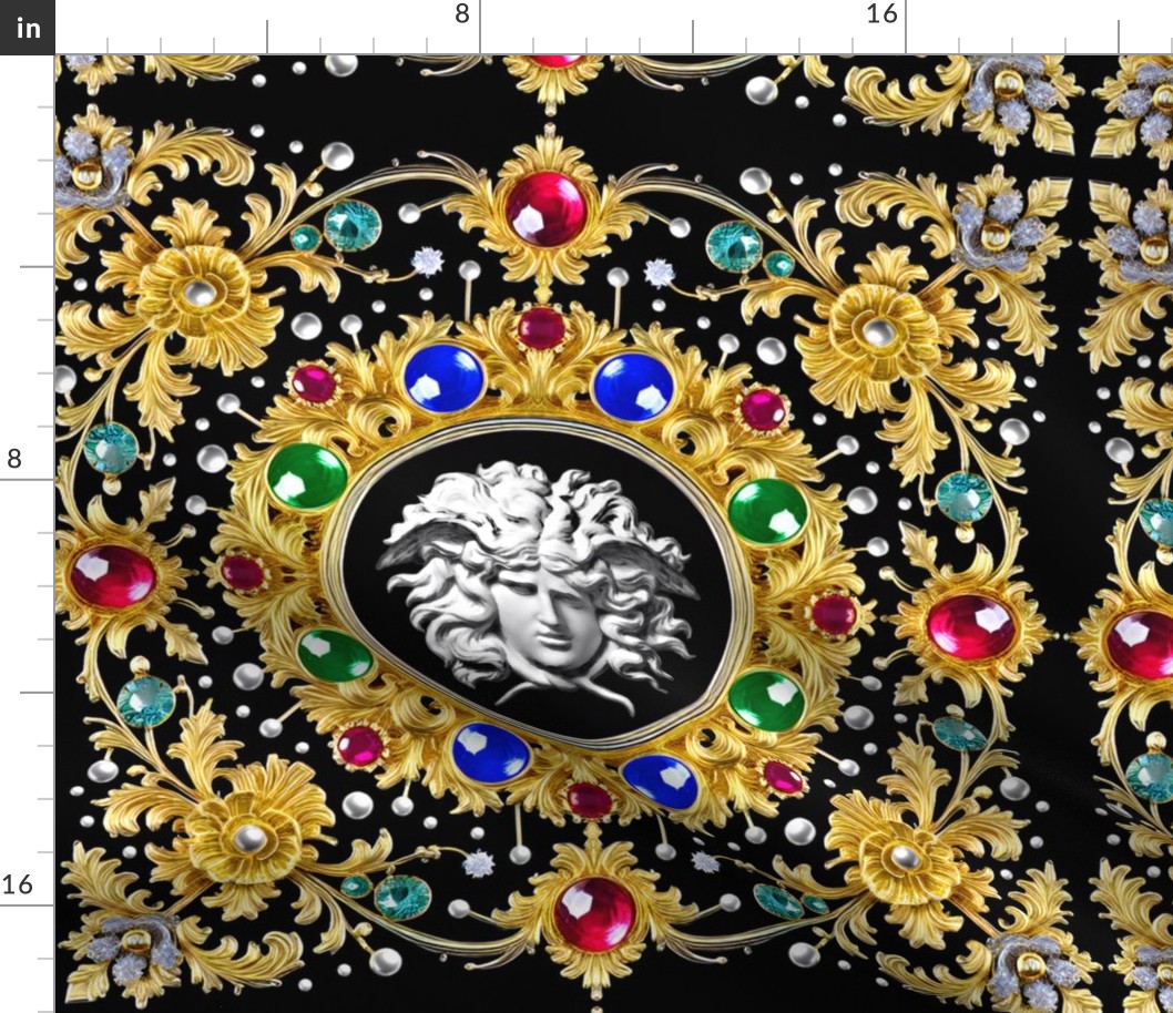 25 white marble medusa gold baroque victorian black gold ornate floral flowers filigree gems jewels ruby sapphire emerald pearls aquamarine red blue green colorful frames gorgons Greek Greece mythology red carpet haute couture runway versac inspired  