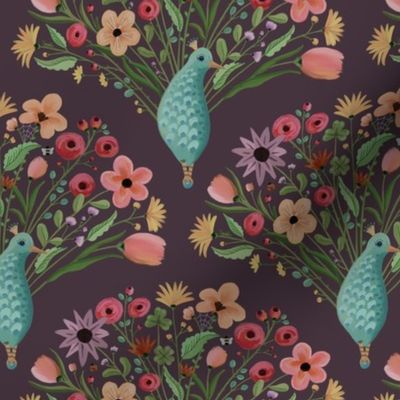 Conversational print of  hand painted cute flowers on bird feathers - peacocks, bees and lady birds - small print.