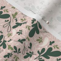 Extra Small_Hand Drawn Cool Green Leaves and White Raindrops on Linen Textured Pink Background