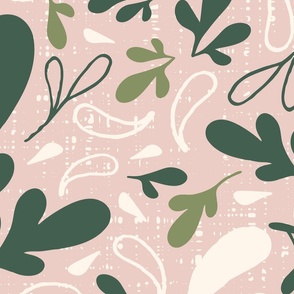 Extra Large_Hand Drawn Cool Green Leaves and White Raindrops on Linen Textured Pink Background