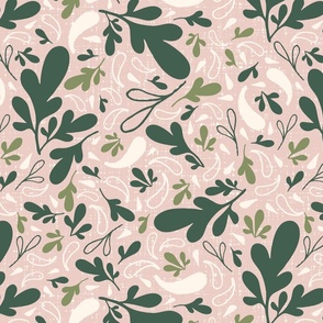 Medium_Hand Drawn Cool Green Leaves and White Raindrops on Linen Textured Pink Background