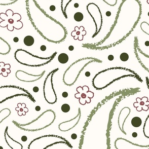 Extra Large_Hand Drawn Green Raindrops and Red Flowers on White Background
