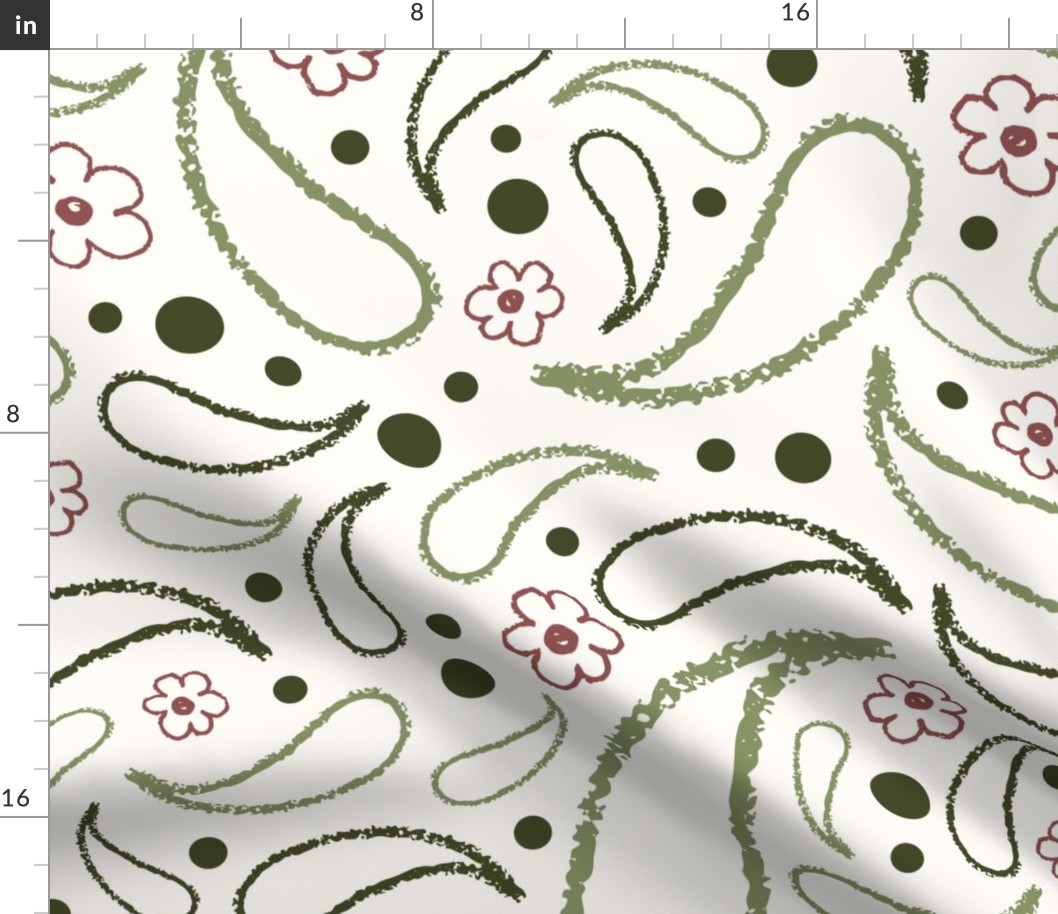 Extra Large_Hand Drawn Green Raindrops and Red Flowers on White Background