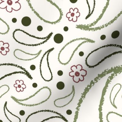 Large_Hand Drawn Green Raindrops and Red Flowers on White Background