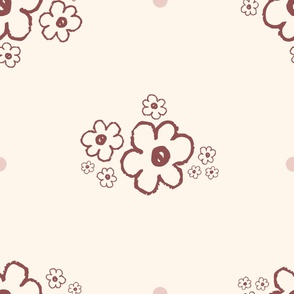 Extra Large_Hand Drawn Red Flowers and Pink Dots on a White Background